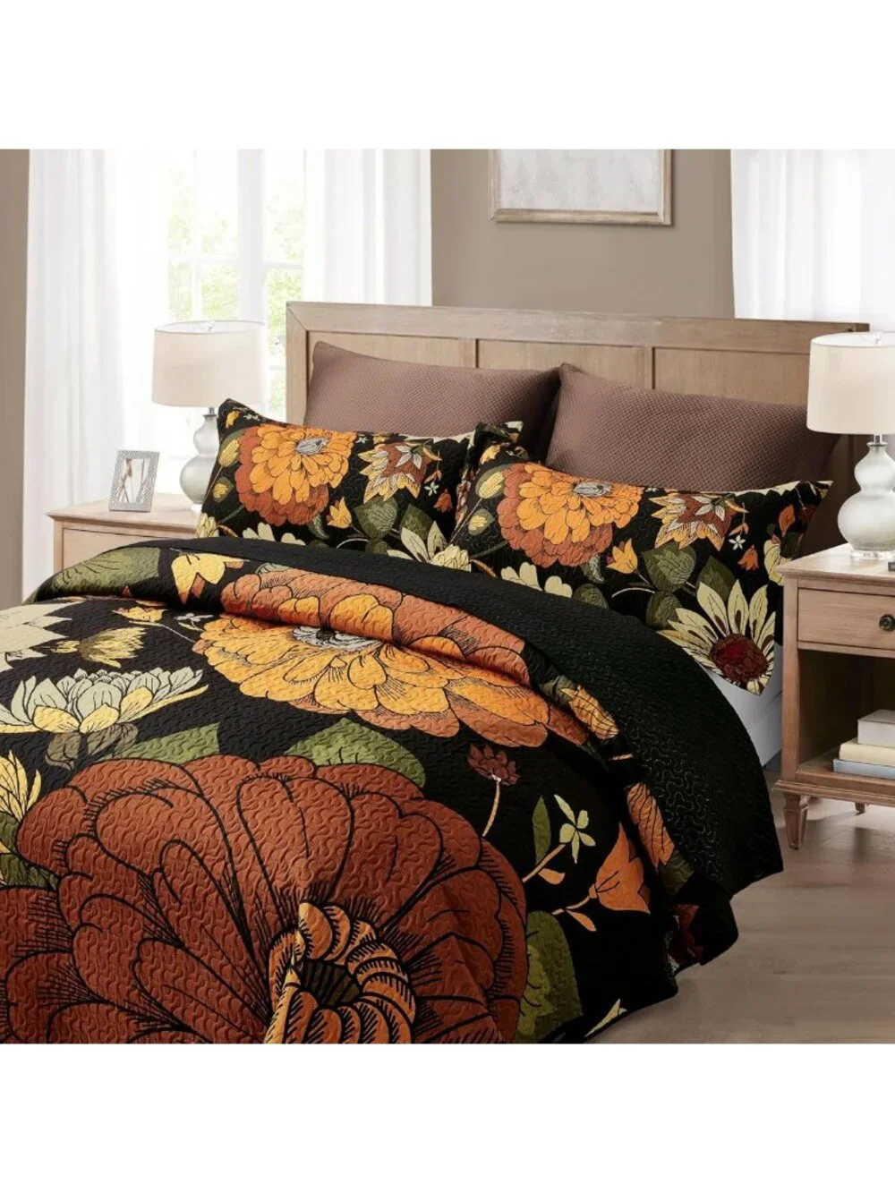 Boho Floral 3-Piece Black Quilt Bedding Set for Full/Queen Size - Cozy & Stylish